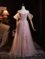Schöne Rosa Perle Strass Pailletten Applikationen Gespaltete Front Ballkleider 2025 A Linie Off Shoulder Ärmellos Rückenfreies Lange Ball Festliche Kleider