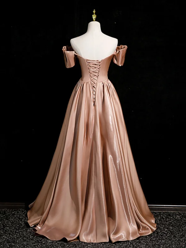 Elegant Khaki Ruffle Satin Prom Dresses 2023 A-Line / Princess Off-The-Shoulder Short Sleeve Backless Floor-Length / Long Prom Formal Dresses