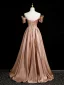 Elegant Khaki Ruffle Satin Prom Dresses 2023 A-Line / Princess Off-The-Shoulder Short Sleeve Backless Floor-Length / Long Prom Formal Dresses