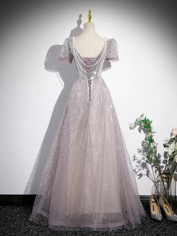 Sparkly Silver Sequins Prom Dresses 2023 A-Line / Princess V-Neck Short Sleeve Backless Pearl Tassel Floor-Length / Long Prom Formal Dresses