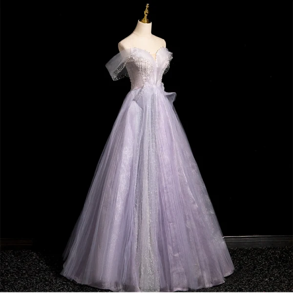 Charming Lavender Beading Pearl Sequins Prom Dresses 2024 Off-The-Shoulder A-Line / Princess Sleeveless Backless Floor-Length / Long Prom Formal Dresses