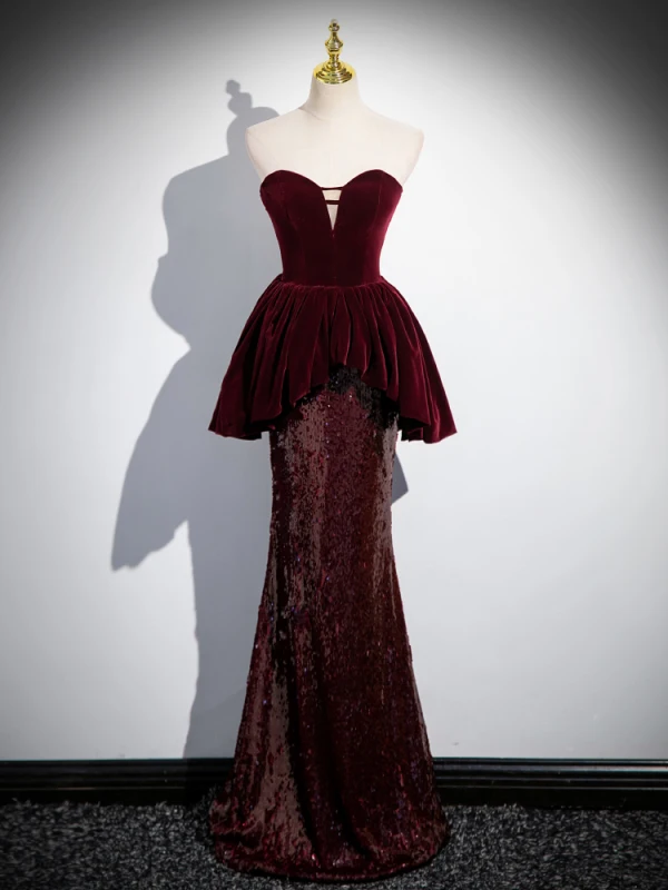 Sexy Burgundy Sequins Evening Dresses 2024 Trumpet / Mermaid Strapless Sleeveless Backless Floor-Length / Long Evening Party Formal Dresses