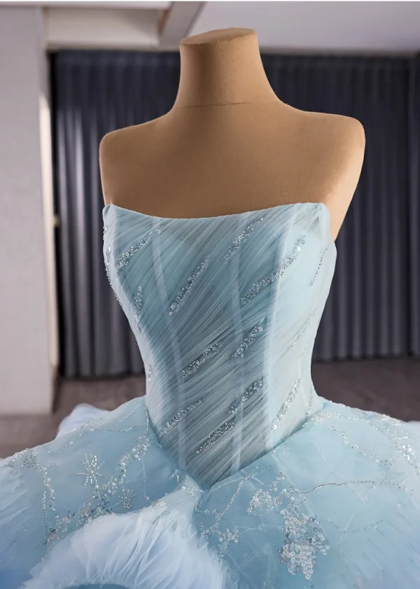 Luxury / Gorgeous Sky Blue Beading Cascading Ruffles Pearl Sequins Prom Dresses 2025 Ball Gown Strapless Sleeveless Backless Sweep Train Formal Dresses