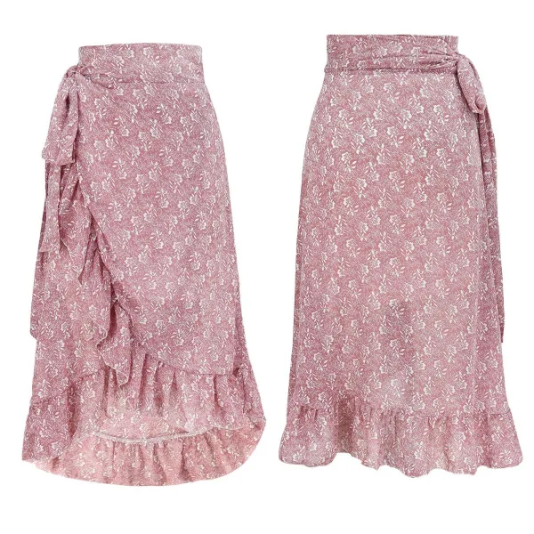 Haute Basse Rose Sombre Femme Mi-longue Florale Jupes 2021 Plage Laçage Été Asymétrique Bottoms