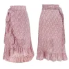 High Low Dusky Pink Women Midi Floral Skirts 2021 Beach Lace Up Summer Asymmetrical Bottoms