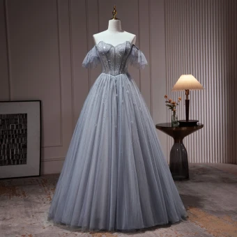 Charmant Océan Bleu Perlage Paillettes Robe De Bal 2023 Princesse De L Épaule Manches Courtes Dos Nu Longue Promo Robe De Ceremonie