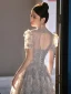 Elegant Grey Beading Sequins Prom Dresses 2024 Backless A-Line / Princess High Neck Short Sleeve Floor-Length / Long Prom Formal Dresses