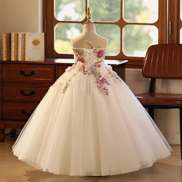 Flower Fairy White Beading Pearl Sequins Lace Flower Appliques Birthday Flower Girl Dresses 2025 Ball Gown Strapless Sleeveless Floor-Length / Long Tulle