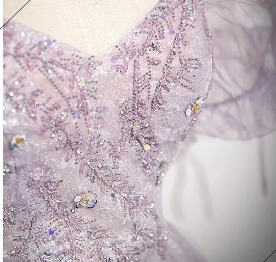 Elegant Lavender Beading Prom Dresses 2024 Ball Gown Square Neckline Puffy Short Sleeve Backless Bow Floor-Length / Long Prom Formal Dresses