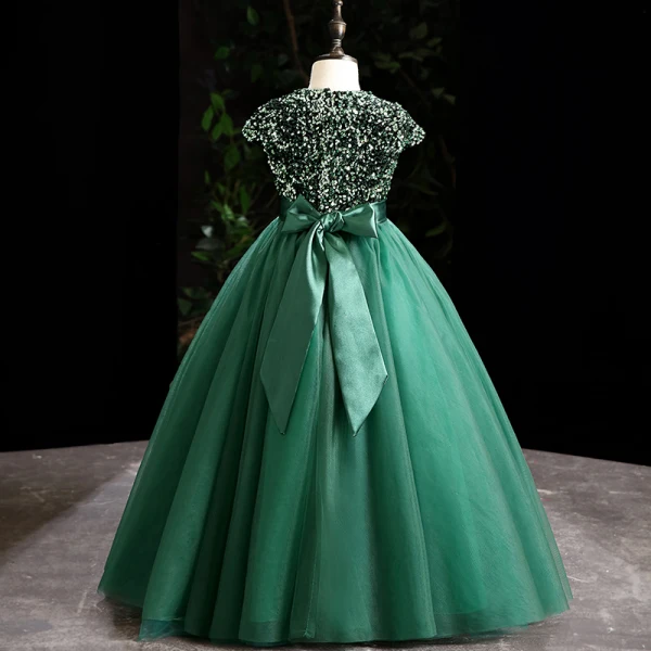 Vintage / Retro Dark Green Sequins Birthday Flower Girl Dresses 2024 Ball Gown Scoop Neck Sleeveless Bow Sash Floor-Length / Long