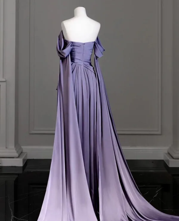 Sexy Lavender Satin Evening Dresses Prom Dresses 2024 Trumpet / Mermaid Off-The-Shoulder Sleeveless Backless Sweep Train Formal Dresses