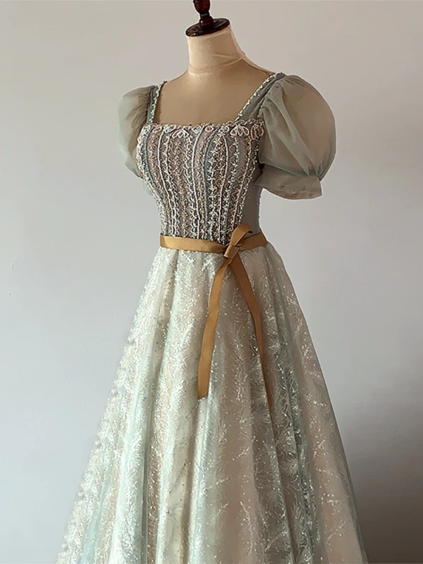 Illusion Gris Perlage Perle Faux Diamant Robe De Soirée 2023 Princesse Encolure Carrée Manches Courtes Dos Nu Noeud Ceinture Longue Soirée Robe De Ceremonie