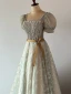 Illusion Gris Perlage Perle Faux Diamant Robe De Soirée 2023 Princesse Encolure Carrée Manches Courtes Dos Nu Noeud Ceinture Longue Soirée Robe De Ceremonie