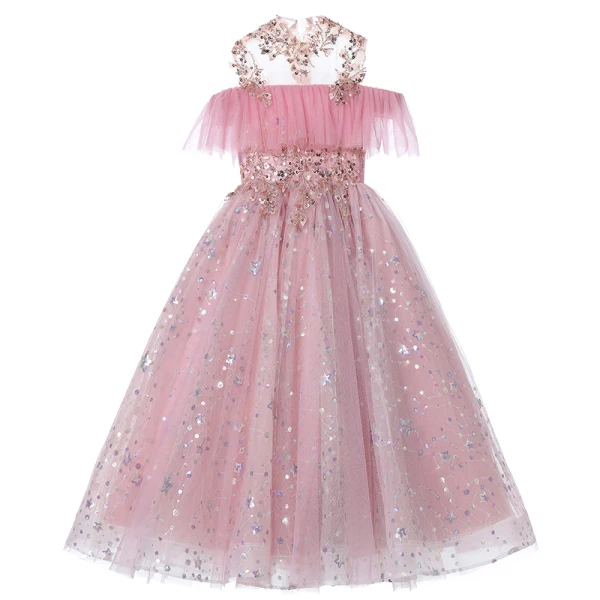 Chic / Beautiful Candy Pink Beading Sequins Birthday Flower Girl Dresses 2022 Ball Gown High Neck Short Sleeve Floor-Length / Long Flower Girl Dresses