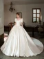 Vintage / Retro Modest / Simple Ivory Satin Wedding Dresses 2022 Ball Gown Scoop Neck Puffy Short Sleeve Pearl Royal Train Wedding