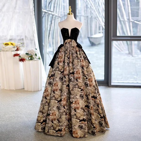 Vintage / Retro Black Printing Sequins Prom Dresses 2023 Ball Gown Strapless Short Sleeve Backless Bow Floor-Length / Long Prom Formal Dresses