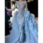 Luxury / Gorgeous Sexy Sky Blue Handmade  Tassel Beading Pearl Cascading Ruffles Evening Dresses 2023 Trumpet / Mermaid V-Neck Long Sleeve Sweep Train Evening Party