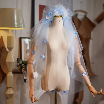 Chic Belle Bleu Ciel Fait Main Appliques Tulle Voile De Mariée 2025