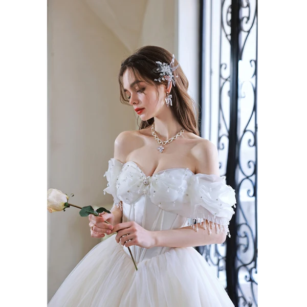 Charming Pearl White Rhinestone Wedding Dresses Prom Dresses 2022 Organza Ball Gown Off-The-Shoulder Short Sleeve Backless Floor-Length / Long Wedding
