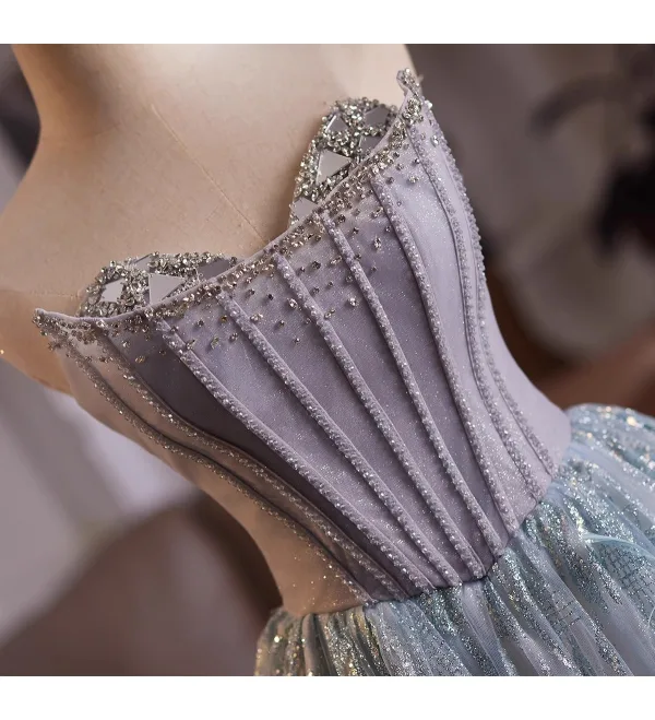 High-end Corset Silver Grey Prom Dresses 2025 Beading Feather Sweet 16 Dancing Formal