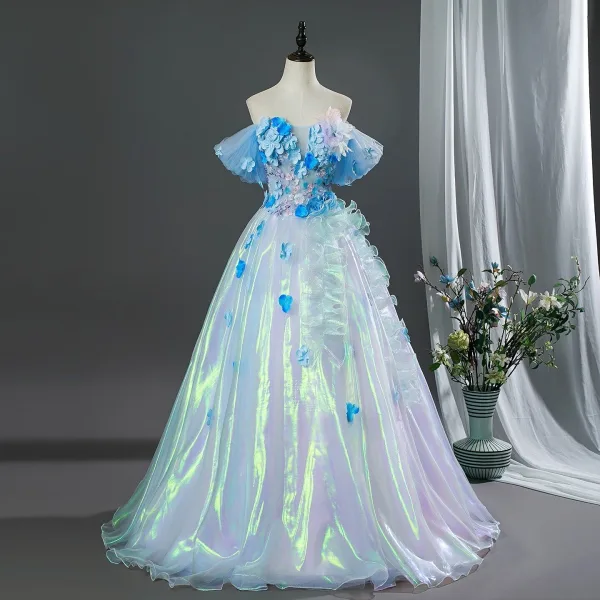 Zauberhaft Himmelblau Applikationen Ballkleider 2026 Ballkleid Off Shoulder Kurze Ärmel Rückenfreies Lange Festliche Kleider