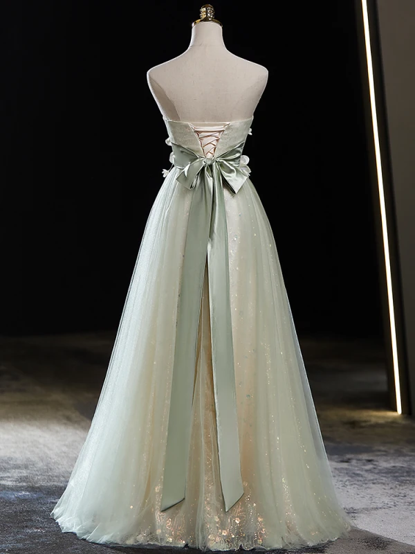 Chic / Beautiful Sage Green Sequins Appliques Prom Dresses 2024 A-Line / Princess Strapless Sleeveless Backless Bow Floor-Length / Long Prom Formal Dresses