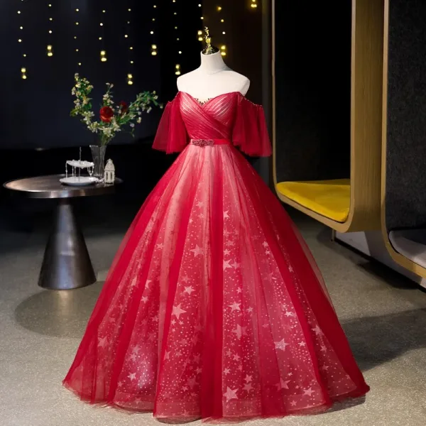 Schöne Rot Strass Star Pailletten Ballkleider 2023 A Linie Off Shoulder Kurze Ärmel Rückenfreies Lange Ball Festliche Kleider