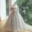 Charming Grey Beading Sequins Birthday Flower Girl Dresses 2023 Ball Gown Off-The-Shoulder Short Sleeve Backless Floor-Length / Long Flower Girl Dresses