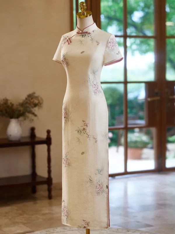 Chinese style Beige Printing Floor-Length / Long Cheongsam 2024 Trumpet / Mermaid High Neck Short Sleeve