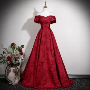 Vintage Retro Burgundy Printing Prom Dresses 2025 A Line Princess Off The Shoulder Short Sleeve Backless Floor Length Long Formal Dresses