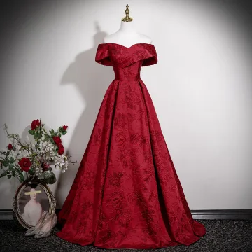 Vintage Retro Burgundy Printing Prom Dresses 2025 A Line Princess Off The Shoulder Short Sleeve Backless Floor Length Long Formal Dresses