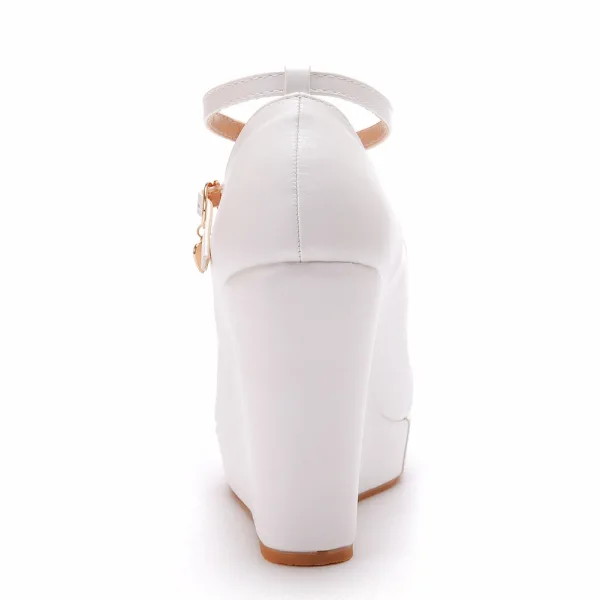 Unusual White Evening Party Womens Shoes High Heels 2022 10 cm Wedges Waterproof Round Toe Womens Shoes