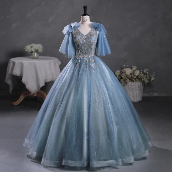 Scintillantes Bleu Ciel Gris Perlage Paillettes Robe De Bal 2023 Robe Boule V Cou Manches Courtes Dos Nu Longue Promo Robe De Ceremonie