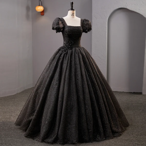 Vintage / Retro Black Rhinestone Sequins Lace Flower Prom Dresses 2023 Ball Gown Square Neckline Puffy Short Sleeve Backless Floor-Length / Long Prom Formal Dresses