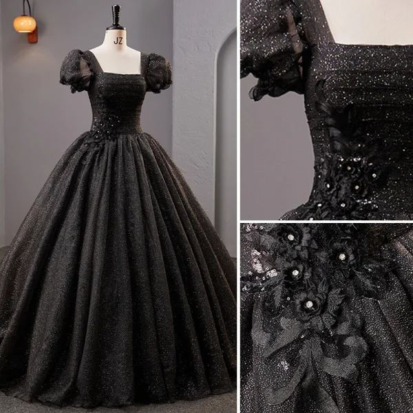 Vintage / Retro Black Rhinestone Sequins Lace Flower Prom Dresses 2023 Ball Gown Square Neckline Puffy Short Sleeve Backless Floor-Length / Long Prom Formal Dresses