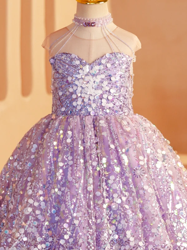 Sparkly Lavender Beading Sequins Rhinestone Birthday Flower Girl Dresses 2024 Ball Gown High Neck Sleeveless Backless Floor-Length / Long