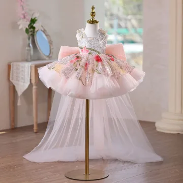 Éclatant Rougissant Rose Perlage Appliques Paillettes Anniversaire Courte Robe Ceremonie Fille 2026 Robe Boule Encolure Carrée Sans Manches Dos Nu Noeud