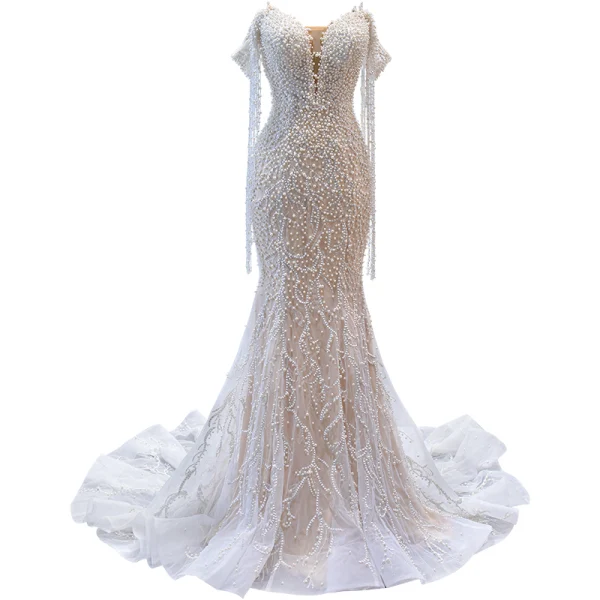 Luxury / Gorgeous Sexy White Handmade  Beading Sequins Pearl Tassel Wedding Dresses 2023 Off-The-Shoulder Trumpet / Mermaid Sleeveless Backless Sweep Train