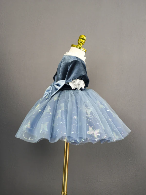 Chic / Beautiful Navy Blue Pearl Sequins Butterfly Bow Short Flower Girl Dresses 2023 Ball Gown Birthday High Neck Short Sleeve