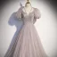 Chic / Beautiful Grey Prom Dresses 2022 A-Line / Princess U-Neck Puffy Short Sleeve Sequins Floor-Length / Long Formal Dresses