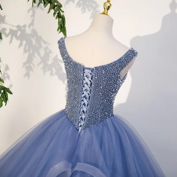 Élégant Bleu Ciel Perlage Paillettes Robe De Bal 2023 Robe Boule Encolure Carrée Sans Manches Dos Nu Bretelles croisées Longue Promo Robe De Ceremonie