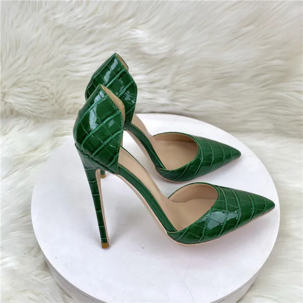 Sexy Dunkelgrün Krokodil-Muster Abend Spitzschuh Sandalen Damen 2023 12 cm Stilettos Sandaletten Hochhackige