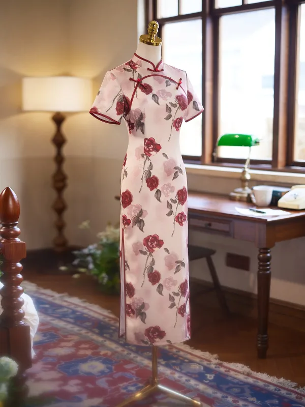 Vintage / Retro Chinese style Blushing Pink Printing Evening Party Cheongsam 2025 Trumpet / Mermaid High Neck Short Sleeve Floor-Length / Long
