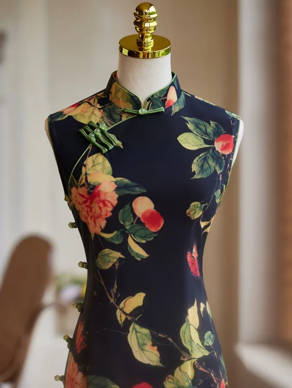 Style Chinois Vintage / Originale Noire Impression Cheongsam 2024 Trompette / Sirène Col Haut Sans Manches Thé Longueur