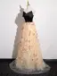 Chic / Beautiful Black Appliques Prom Dresses A-Line / Princess Strapless Sleeveless Backless Floor-Length / Long Tulle Prom Formal Dresses