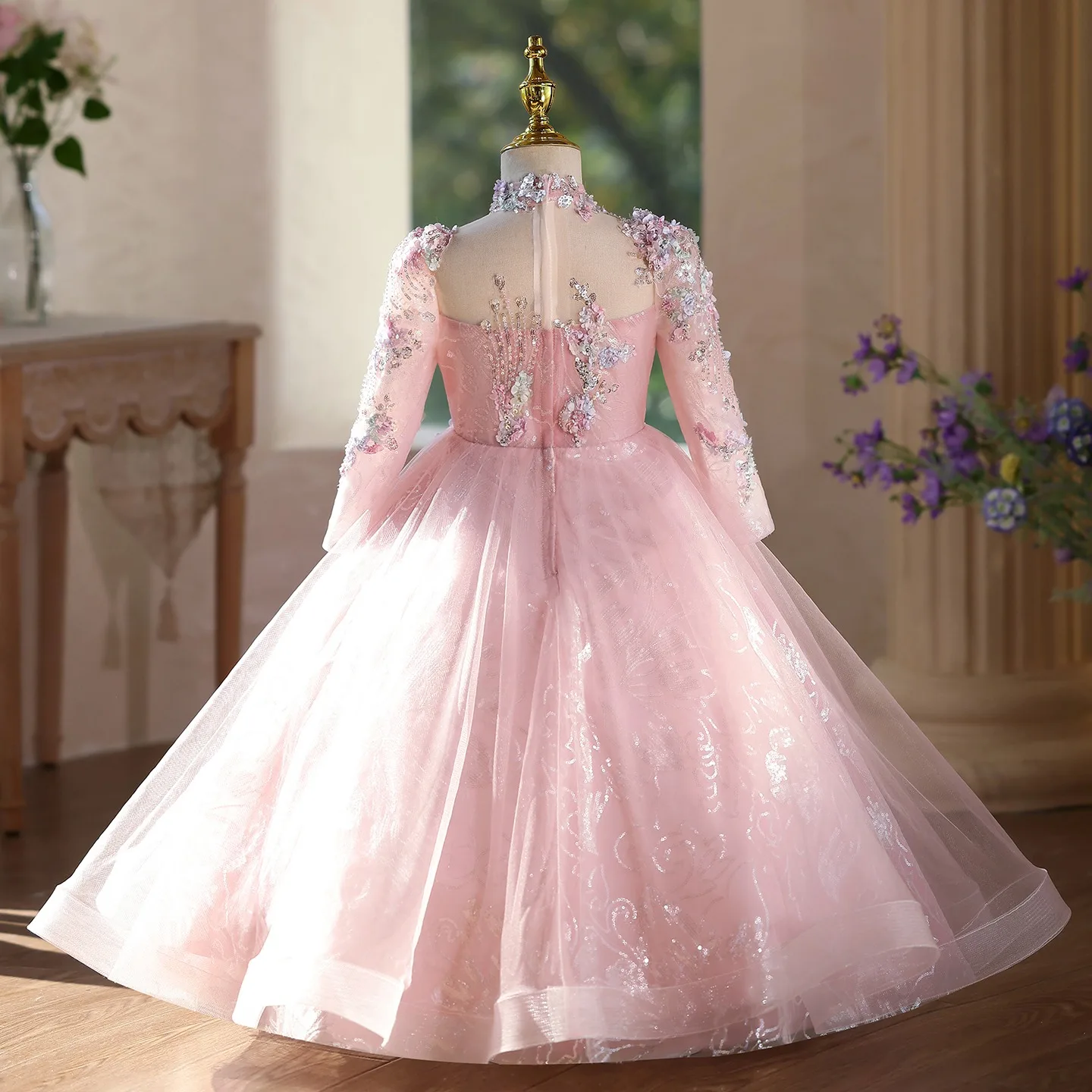 Flower Fairy Blushing Pink Beading Sequins Birthday Flower Girl Dresses 2025 Ball Gown
