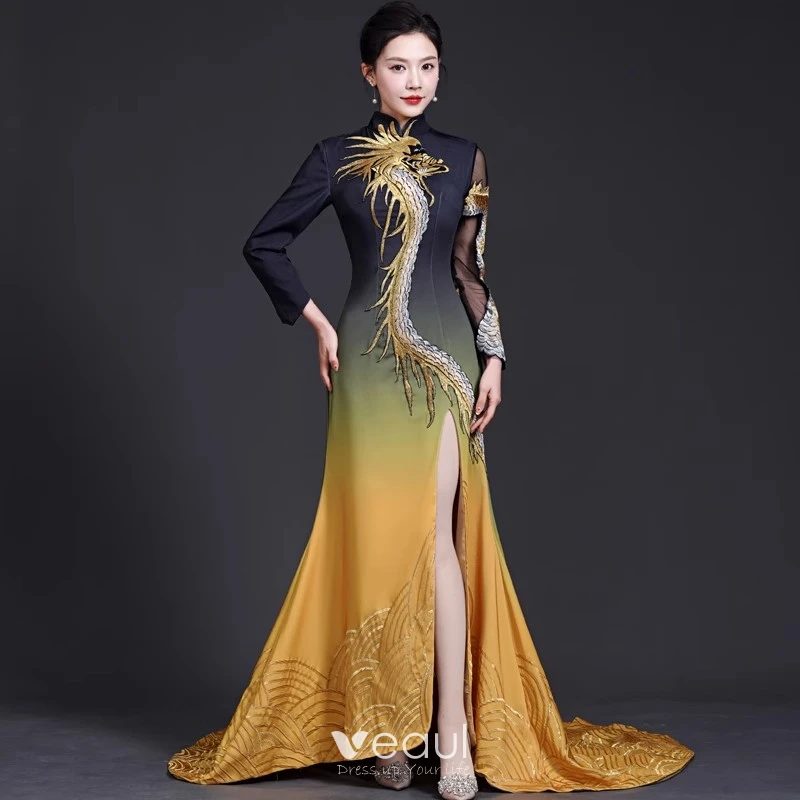 long sleeve black and gold dress Opulent Black Velvet Gown with Golden Embellishments M main image 1