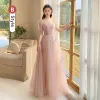 Modest / Simple Blushing Pink Pearl Sequins Bridesmaid Dresses 2022 A-Line / Princess Square Neckline Short Sleeve Backless Bow Floor-Length / Long Bridesmaid Formal Dresses