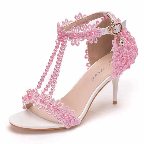 Charming Multi-Colors T-Strap Pearl Lace Flower Prom Womens Sandals 2024 7 cm Stiletto Heels Open / Peep Toe Sandals High Heels