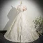 Chic / Beautiful Champagne Rhinestone Printing Prom Dresses 2025 Ball Gown Square Neckline Short Sleeve Backless Floor-Length / Long Prom Formal Dresses